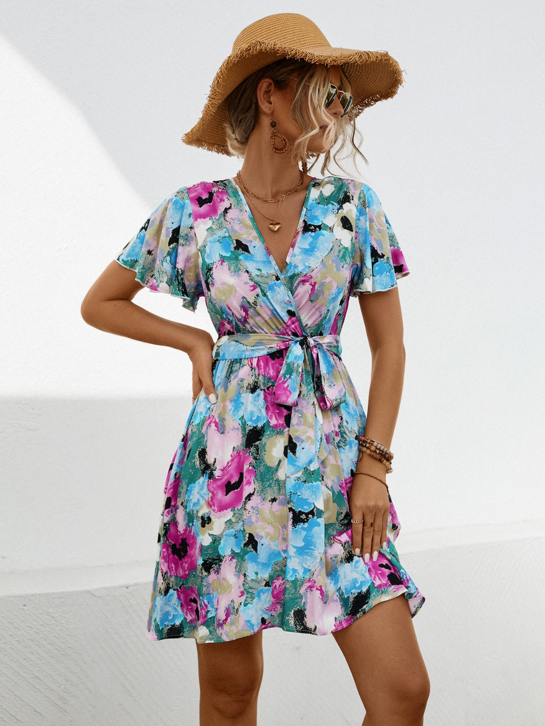 Mini Dress | Printed Surplice Tie Waist Dress