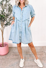 Load image into Gallery viewer, Beau Blue Mineral Wash Ruffled Short Sleeve Buttoned Denim Dress | Dresses/Mini Dresses

