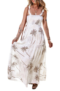 White Tropical Print Smocked Ruffled Straps Maxi Dress