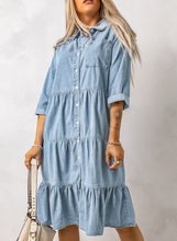 Load image into Gallery viewer, Sky Blue Ruffled Denim Full Buttoned Midi Dress | Dresses/Midi Dresses
