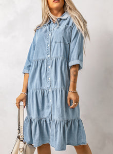 Sky Blue Ruffled Denim Full Buttoned Midi Dress | Dresses/Midi Dresses