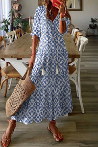 Sky Blue V Neck Casual Geometric Print Maxi Dress | Dresses/Maxi Dresses