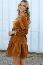 Load image into Gallery viewer, Chestnut Square Neck Puff Sleeve Tiered Corduroy Mini Dress
