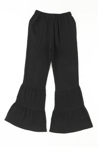 Black Textured High Waist Ruffled Bell Bottom Pants | Bottoms/Pants & Culotte