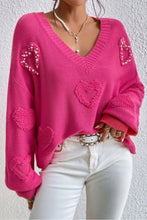 Load image into Gallery viewer, Rose Red Fuzzy Hearts V Neck Sweater
