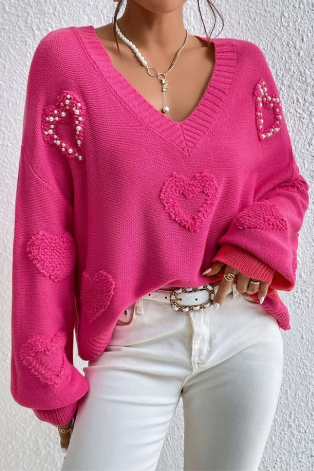 Rose Red Fuzzy Hearts V Neck Sweater