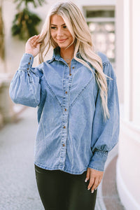 Sky Blue V-shape Stitching Puff Sleeve Denim Shirt | Tops/Blouses & Shirts