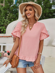 Ruffled Notched Petal Sleeve Blouse | Tops/Tank Tops