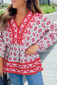 Fiery Red Geometric Print 3/4 Sleeve V-Neck Shirred Waist Flared Blouse | Tops/Blouses & Shirts