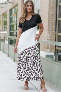 T Shirt Maxi Dress | Black Leopard Color Block Side Slit Dress