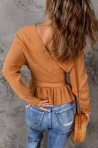 Brown Rib Knit Surplice Neck Belted Peplum Sweater | Tops/Sweaters & Cardigans