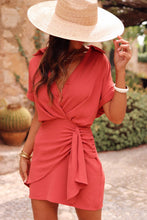 Load image into Gallery viewer, Tomato Red Collared Buttoned Neckline Pleated Wrapped Mini Dress
