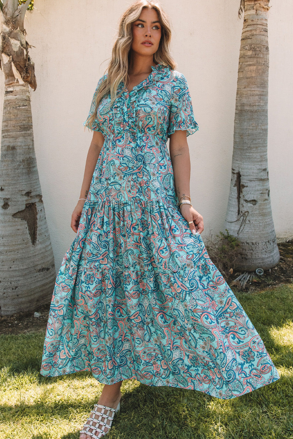 Sky Blue Paisley Print Boho Holiday Ruffle Tiered Maxi Dress | Dresses/Maxi Dresses