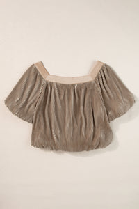 Puff Sleeve Top | Taupe Pleated Square Neck Blouse