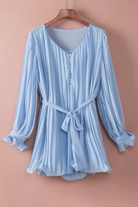Womens Romper | Sky Blue Pleated Ruffled Tie Waist Buttons V Neck Romper | Bottoms/Jumpsuits & Rompers