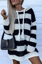 Load image into Gallery viewer, Black Striped Braided Tassel Hooded Sweater Dress
