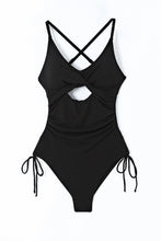 Load image into Gallery viewer, Black Ribbed Sexy Cutout Ruched Monokini | Swimwear/One Piece Swimsuit
