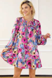 Multicolour Floral Tie Neck Bubble Sleeve Shift Dress | Dresses/Floral Dresses