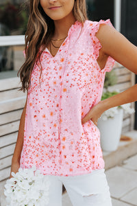 Pink Floral Print Drawstring Frill Trim Sleeveless Top | Tops/Tank Tops