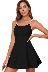 Black Sporty Ribbed Spaghetti Straps One Piece Swimdress | Swimwear/Swim Dresses