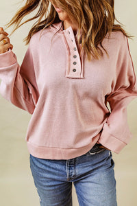 Pink Casual Button Solid Patchwork Trim Hoodie | Tops/Sweatshirts & Hoodies