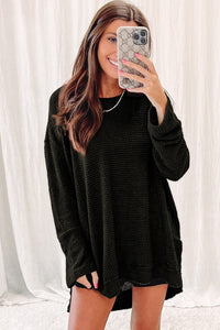 Oversized Top | Black Waffle Knit High Slits