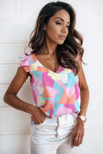 Load image into Gallery viewer, Womens Top | Multicolor Pastel Geometric Print V-Neck Pleated Cap Sleeve Top | Tops/Tops &amp; Tees
