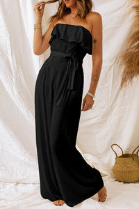 Black Ruffled Bandeau Wide Leg Jumpsuit | Bottoms/Jumpsuits & Rompers