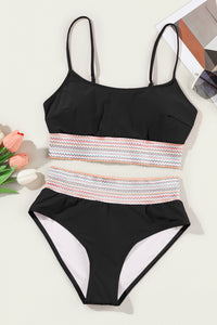 Black Striped Patchwork Spaghetti Strap High Waist Bikini Swimsuit | Swimwear/High Waisted Swimsuit