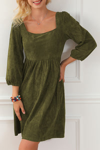 Jungle Green Suede Square Neck Puff Sleeve Dress