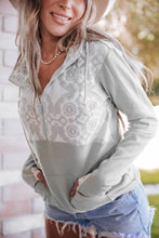 Load image into Gallery viewer, Gray Lace Patch Thumbhole Sleeve Zipped Kangaroo Pocket Hoodie
