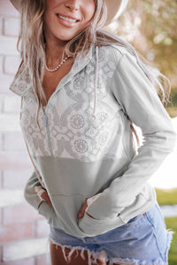 Gray Lace Patch Thumbhole Sleeve Zipped Kangaroo Pocket Hoodie