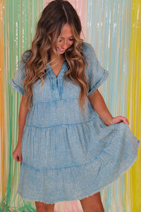 Beau Blue Mineral Wash Crinkle Split Neck Raw Hem Tiered Dress | Dresses/Mini Dresses