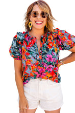 Load image into Gallery viewer, Multicolour Floral Print Ruffle Trim Bubble Sleeve Split Neck Blouse | Tops/Blouses &amp; Shirts
