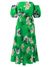 Load image into Gallery viewer, Off Shoulder Midi Dress | Pleated Floral Short Sleeve Dress
