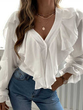 Load image into Gallery viewer, Full Size Ruffled V-Neck Button Down Flounce Sleeve Blouse
