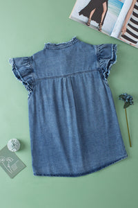 Denim Top | Raw Hem Button Up Cap Sleeve Blouse