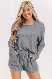 Shorts Lounge Set | Gray Long Sleeve Top and Drawstring