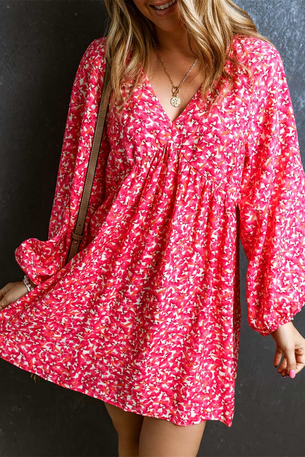 Rose Floral Print Empire Waist Bubble Sleeve Dress | Dresses/Floral Dresses