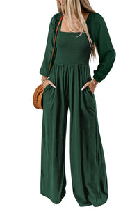 Green Smocked Square Neck Long Sleeve Wide Leg Jumpsuit | Bottoms/Jumpsuits & Rompers