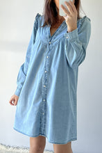 Load image into Gallery viewer, Myosotis Ruffled V Neck Buttoned Shift Denim Dress
