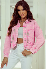 Load image into Gallery viewer, Womens Denim Jacket | Pink Rivet Studded Pocketed Denim Jacket | Outerwear/Denim jackets
