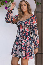 Load image into Gallery viewer, Blue Floral Tiered Long Puff Sleeve Mini Dress | Dresses/Mini Dresses
