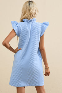 Mini Dress | Light Blue Textured Puff Sleeve V Neck Dress