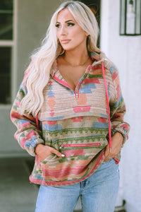 Multicolor Aztec Printed Kangaroo Pocket Zipped Hoodie | Tops/Sweatshirts & Hoodies