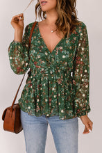 Load image into Gallery viewer, Green Floral Print Wrap V Neck Peplum Top | Tops/Blouses &amp; Shirts
