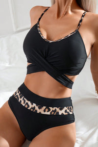 High Waisted Bikini | Black Leopard Criss-Cross Swimsuit
