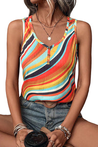 Multi-Color Tank Top |  Wavy Striped Buttoned V Neck Top