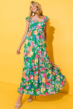 Load image into Gallery viewer, Green Floral Print Sleeveless Ruffle Tiered Maxi Dress | Dresses/Floral Dresses
