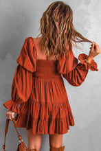 Load image into Gallery viewer, Brown Boho Solid Shirred Ruffle Mini Dress | Dresses/Mini Dresses
